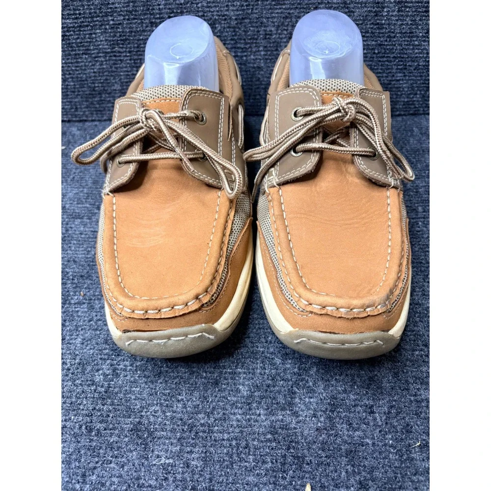Thom McAn Mens Tan Leather Mesh Boat Shoes Lace Up Loafers Size 9.5